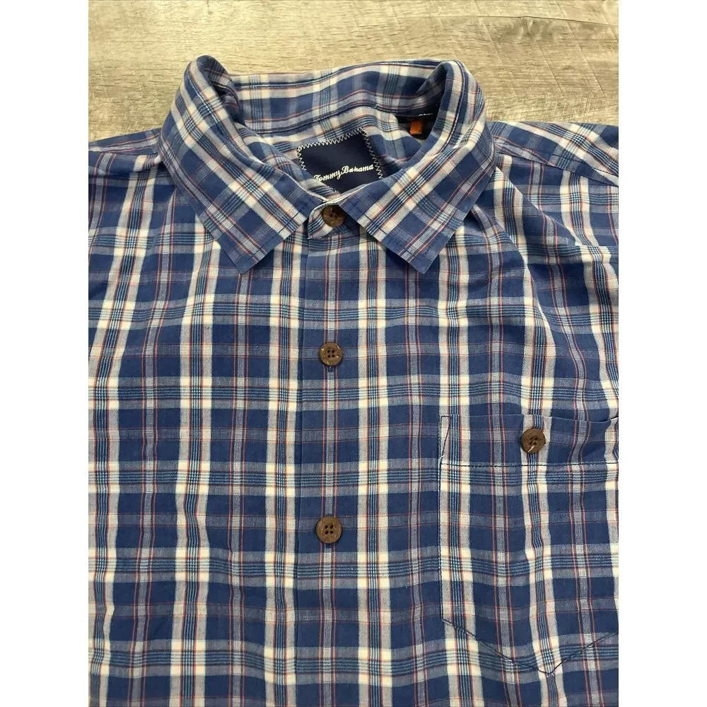 Tommy Bahama‎ Button Up Shirt Men's XL Silk Blend Blue Plaid Islandzone Hawaiian
